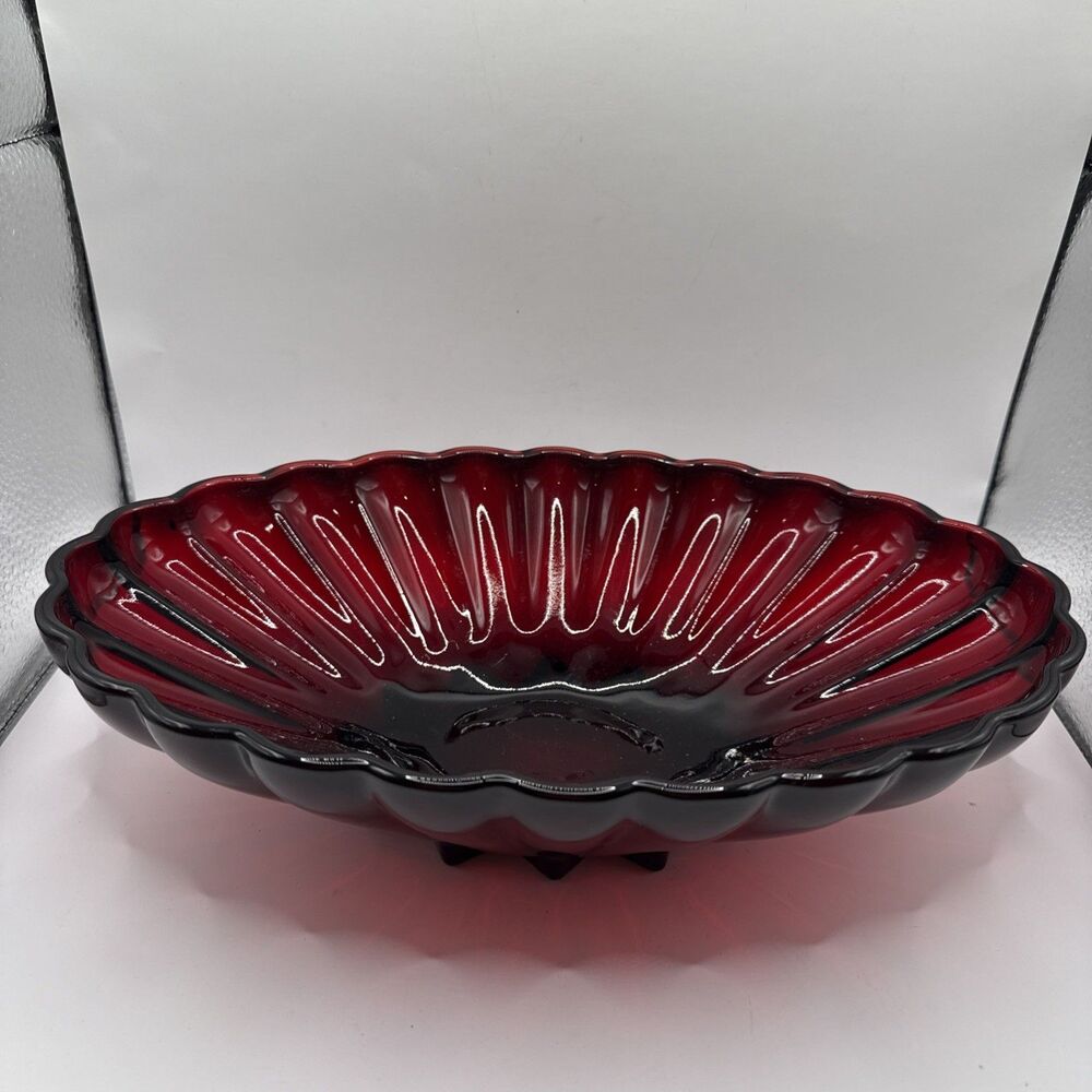 Vintage MCM GLASS Ruby Red Amber Oval Scalloped Glass Bowl Candy Nut Dish 8.5”